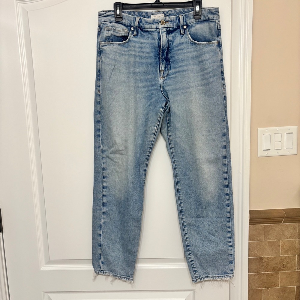 Good American Good High Straight Raw Hem Jeans Light Wash Blue 12/31 GGHNF235T